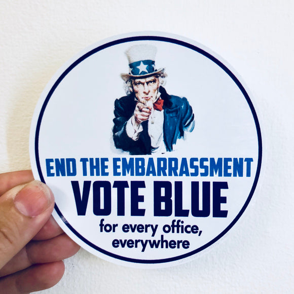 end the embarrassment vote blue sticker