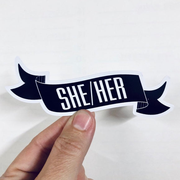 she/her banner sticker